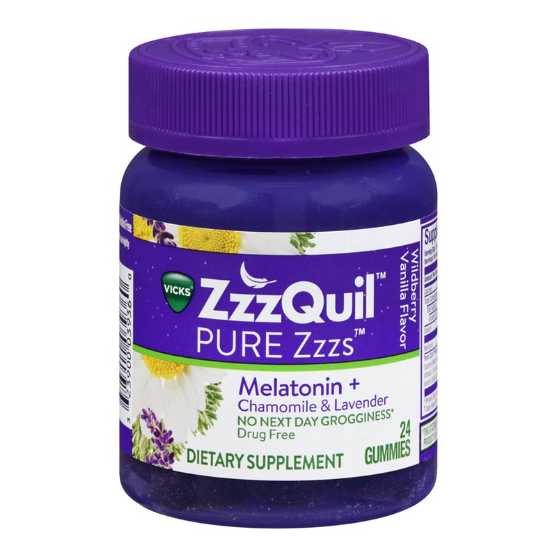 Vicks ZzzQuil PURE Zzzs Melatonin + Chamomile & Lavender Gummies Wildberry Vanilla 24 EA