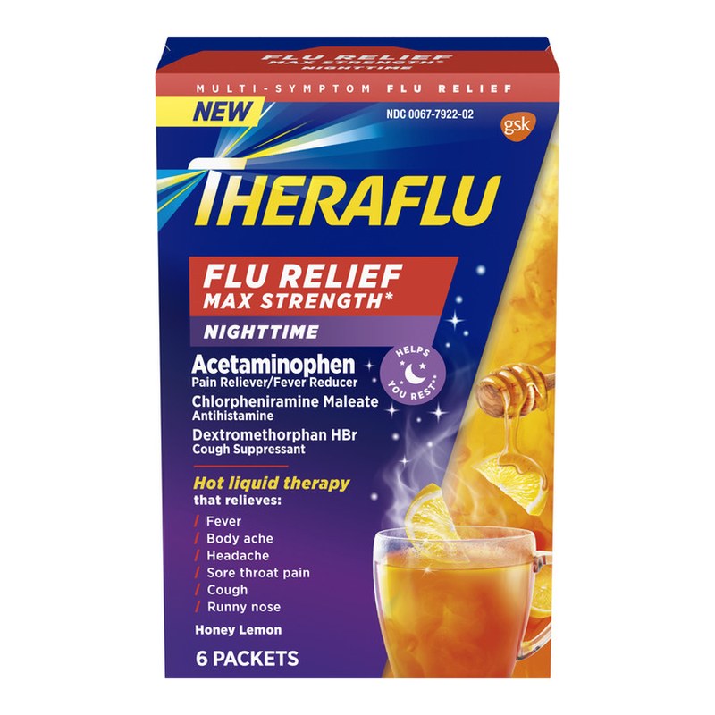 Theraflu Flu Relief Nighttime Packets Max Strength Honey Lemon 6 EA