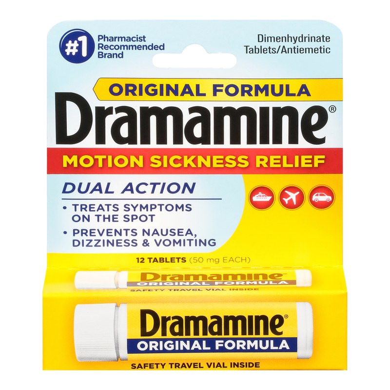 Dramamine Motion Sickness Dimenhydrinate 50mg Antiemetic Dual Action Tablets Original 12 EA