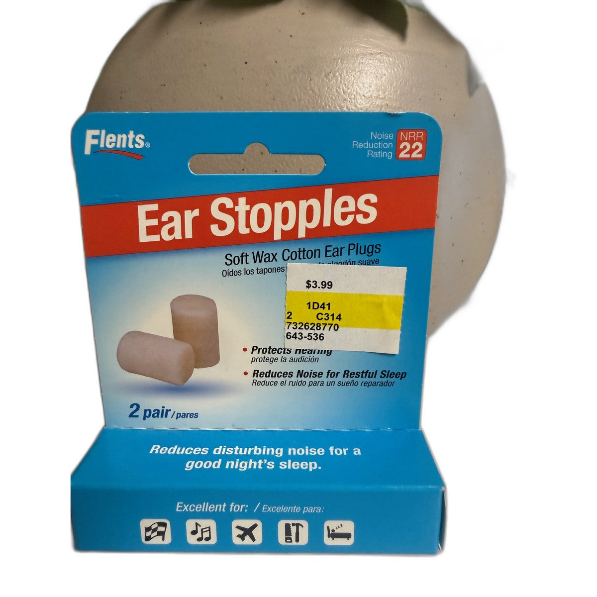 Flents Ear Stopples Soft Wax Cotton Ear Plugs, NRR 22, 2 Pair
