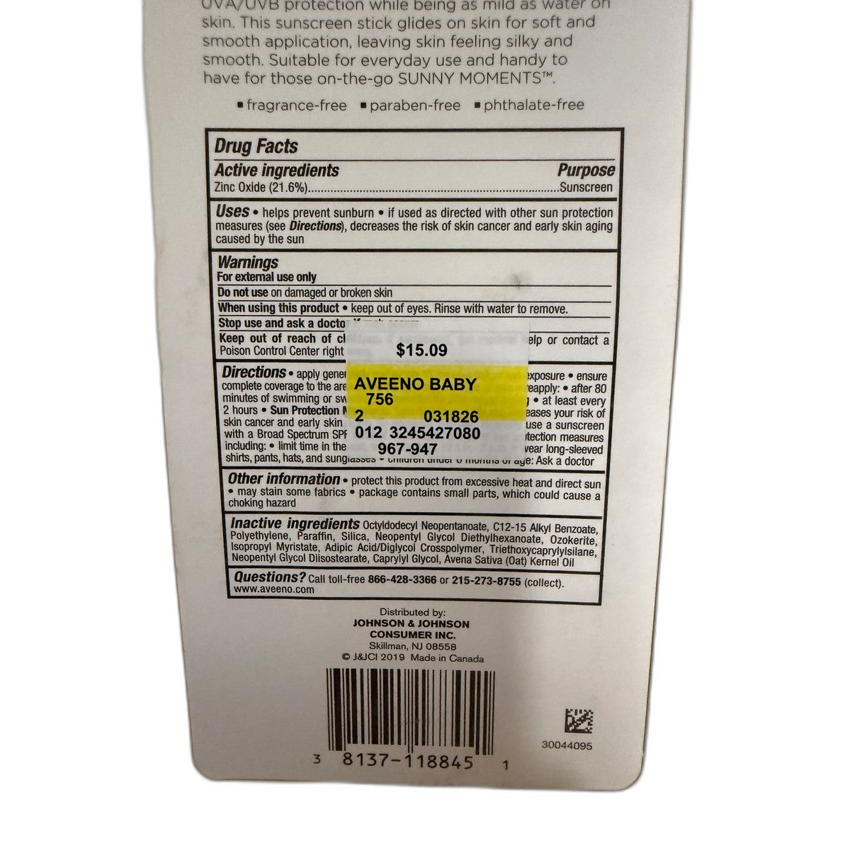Aveeno Baby Continuous Protection Sensitive Skin Zinc Oxide Sunscreen Stick, SPF 50, 0.47 oz (13 g)