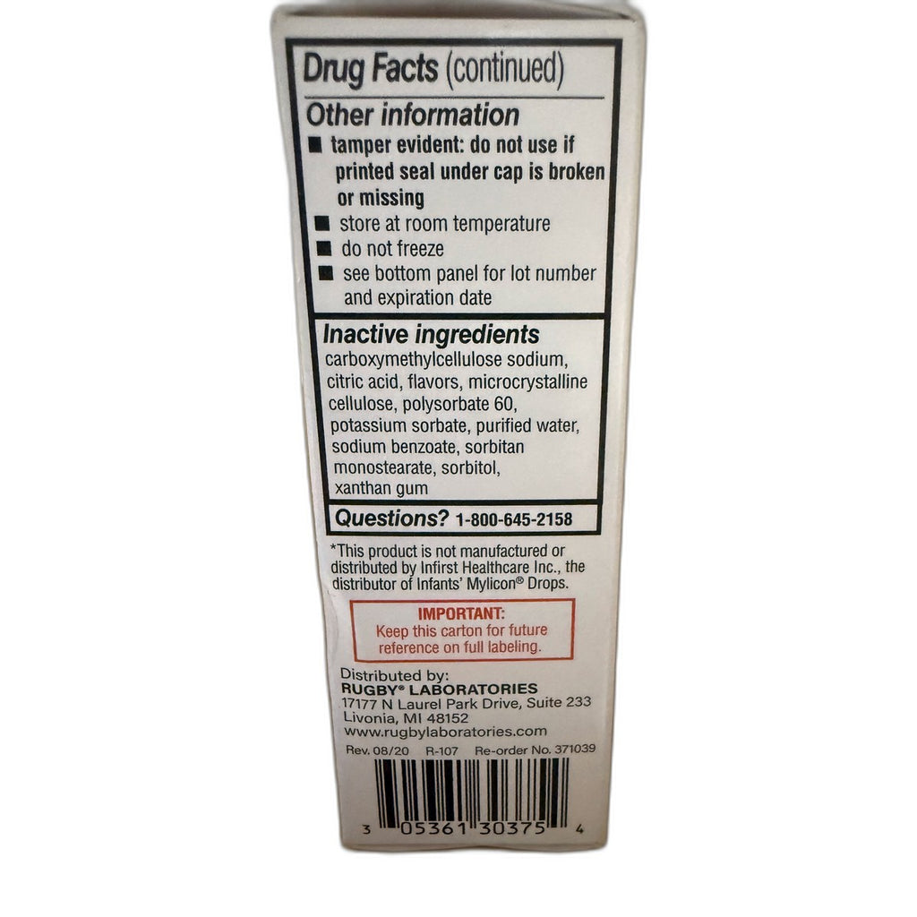 Rugby Infants' Simethicone Drops, Antigas, Dye Free, 1 fl oz (30 mL), 100 Doses