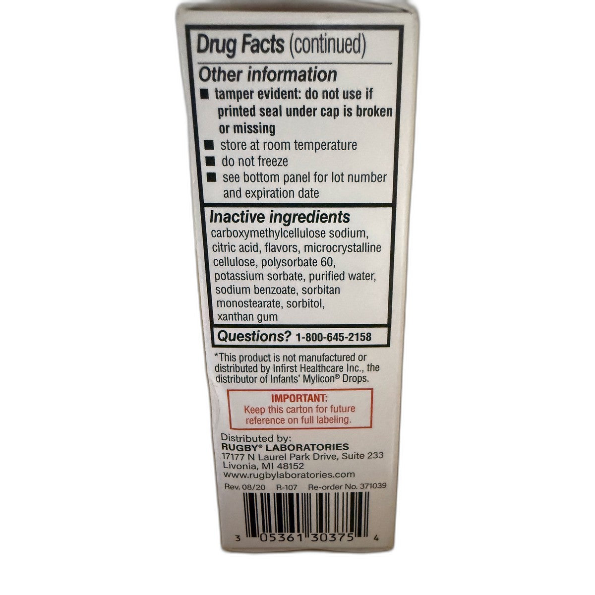 Rugby Infants' Simethicone Drops, Antigas, Dye Free, 1 fl oz (30 mL), 100 Doses