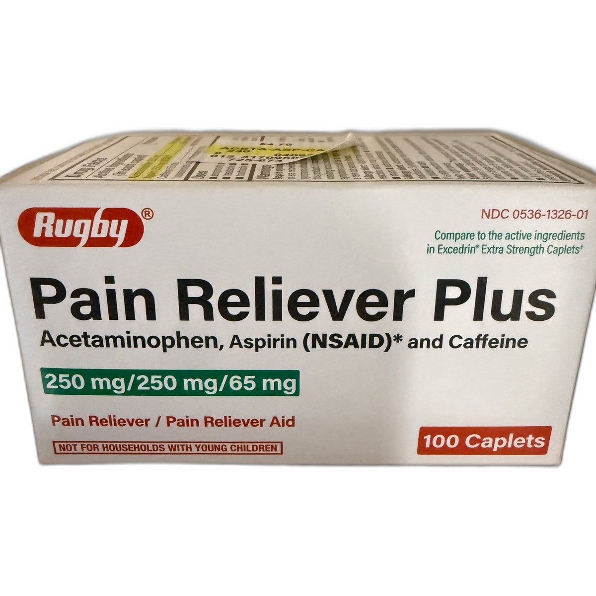 Rugby Pain Reliever Plus (Acetaminophen, Aspirin & Caffeine) 250/250/65 mg, 100 Caplets