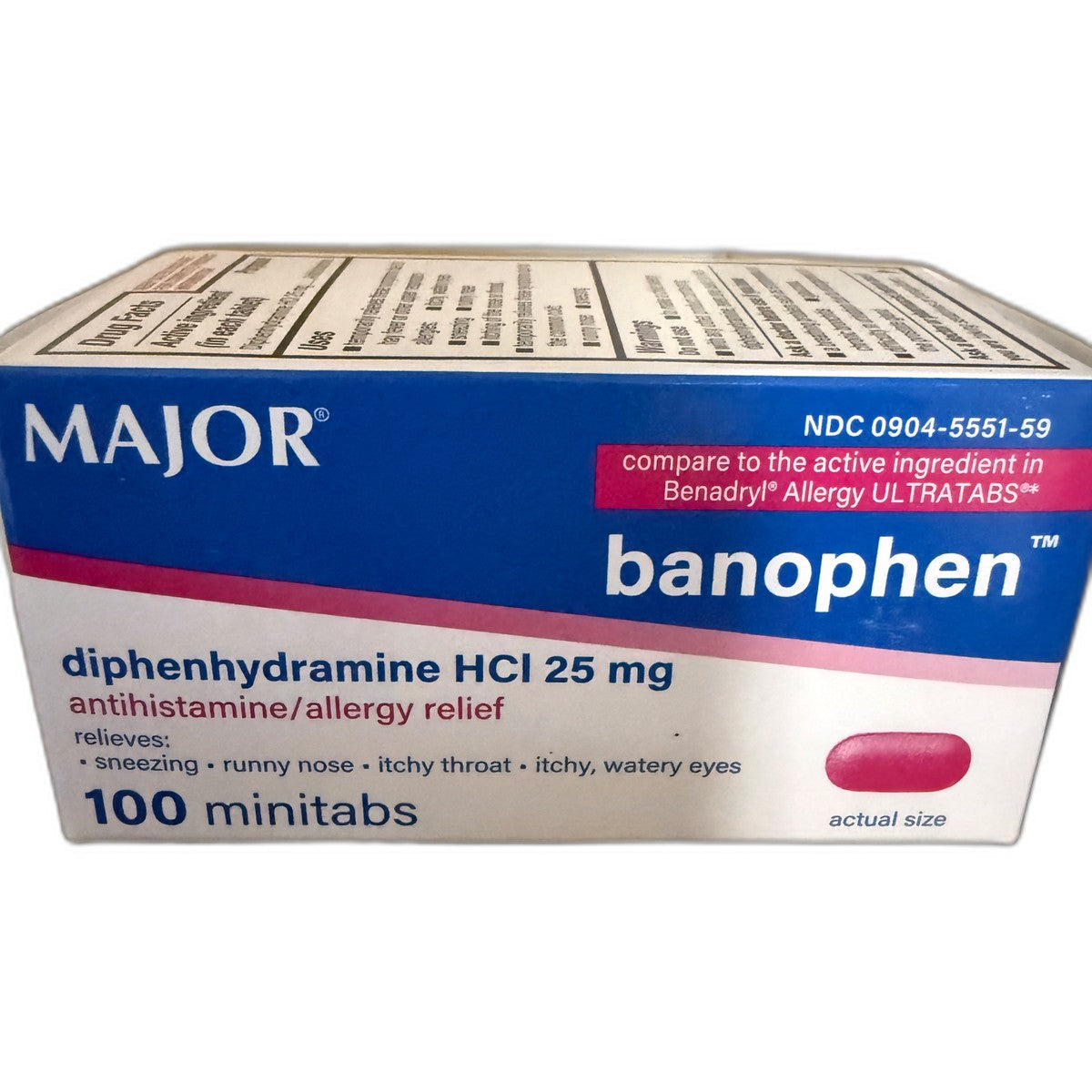 Major Banophen Diphenhydramine HCl 25 mg, Antihistamine, 100 Minitabs