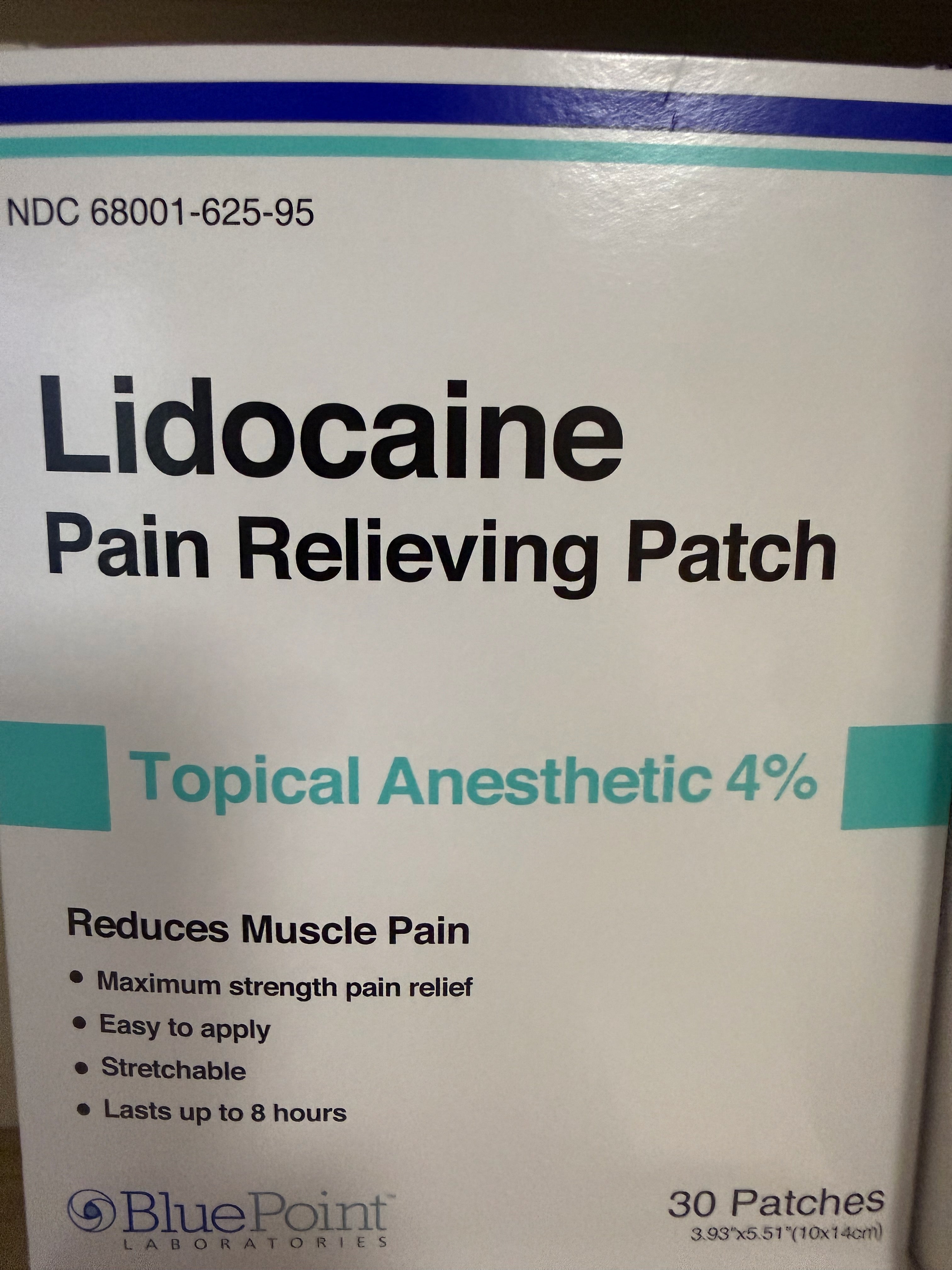 BluePoint Lidocaine Pain Relieving Patch, Topical Anesthetic 4%, 30 Patches