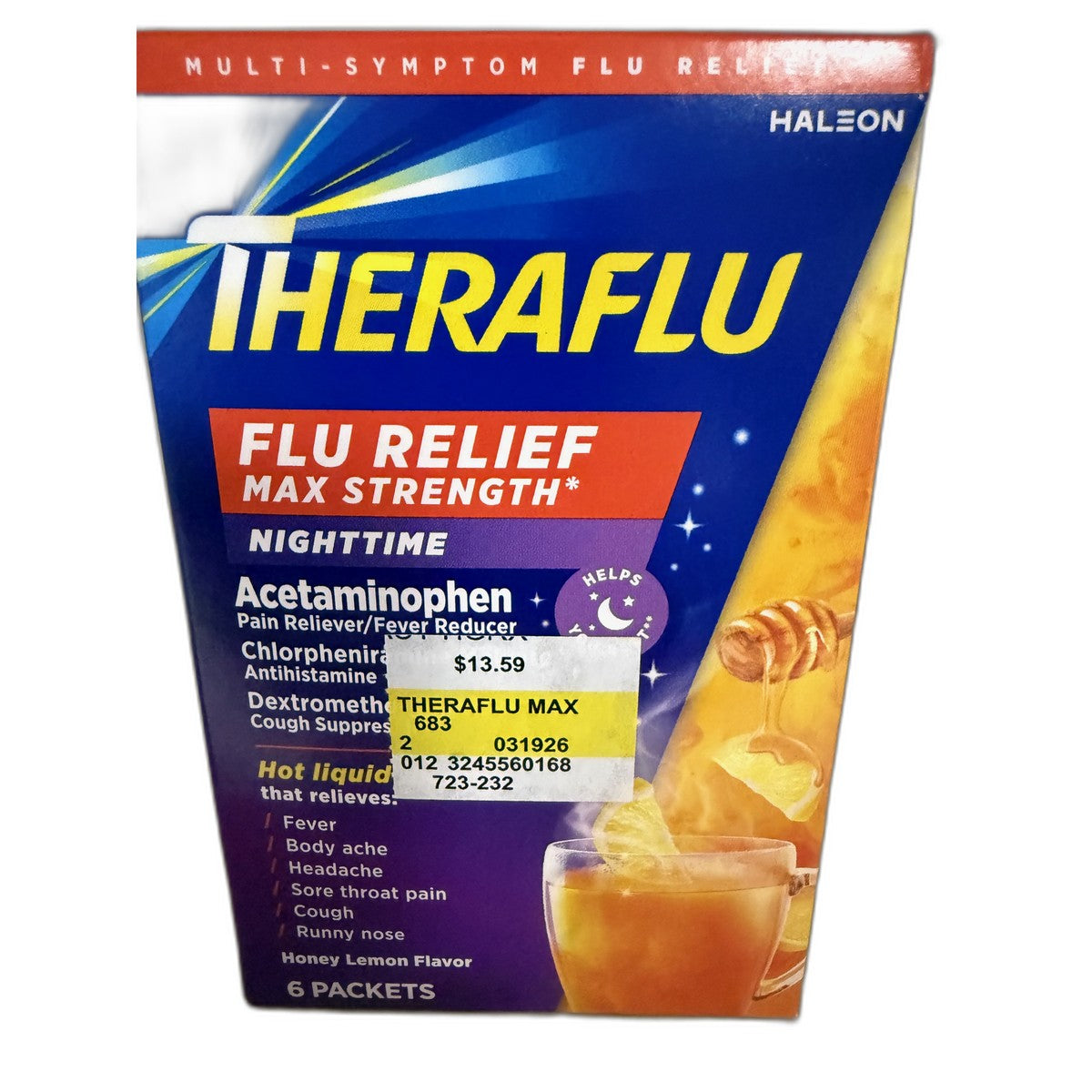 Theraflu Flu Relief Max Strength Nighttime, Honey Lemon, 6 Packets
