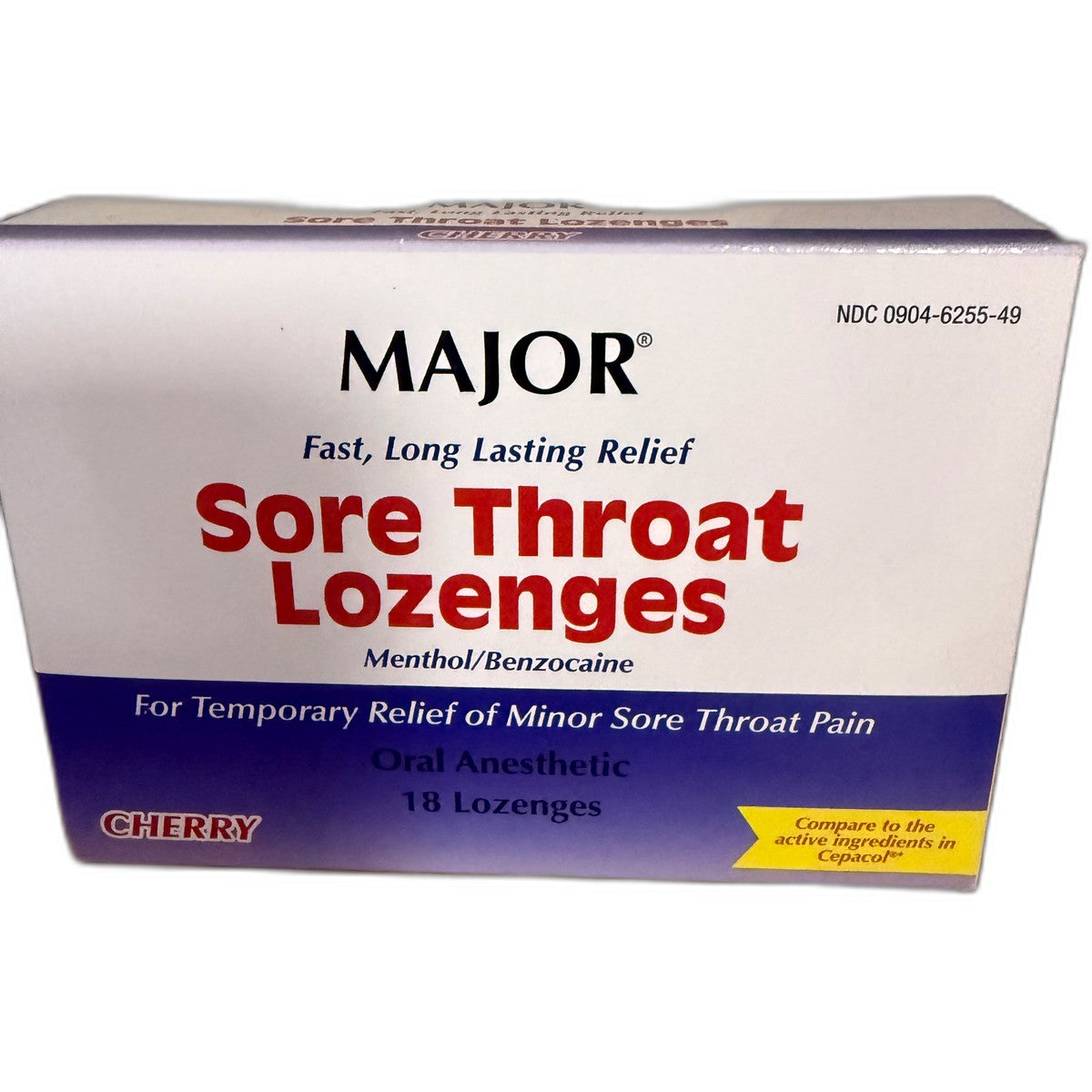 Major Sore Throat Lozenges, Menthol/Benzocaine, Cherry, 18 Lozenges